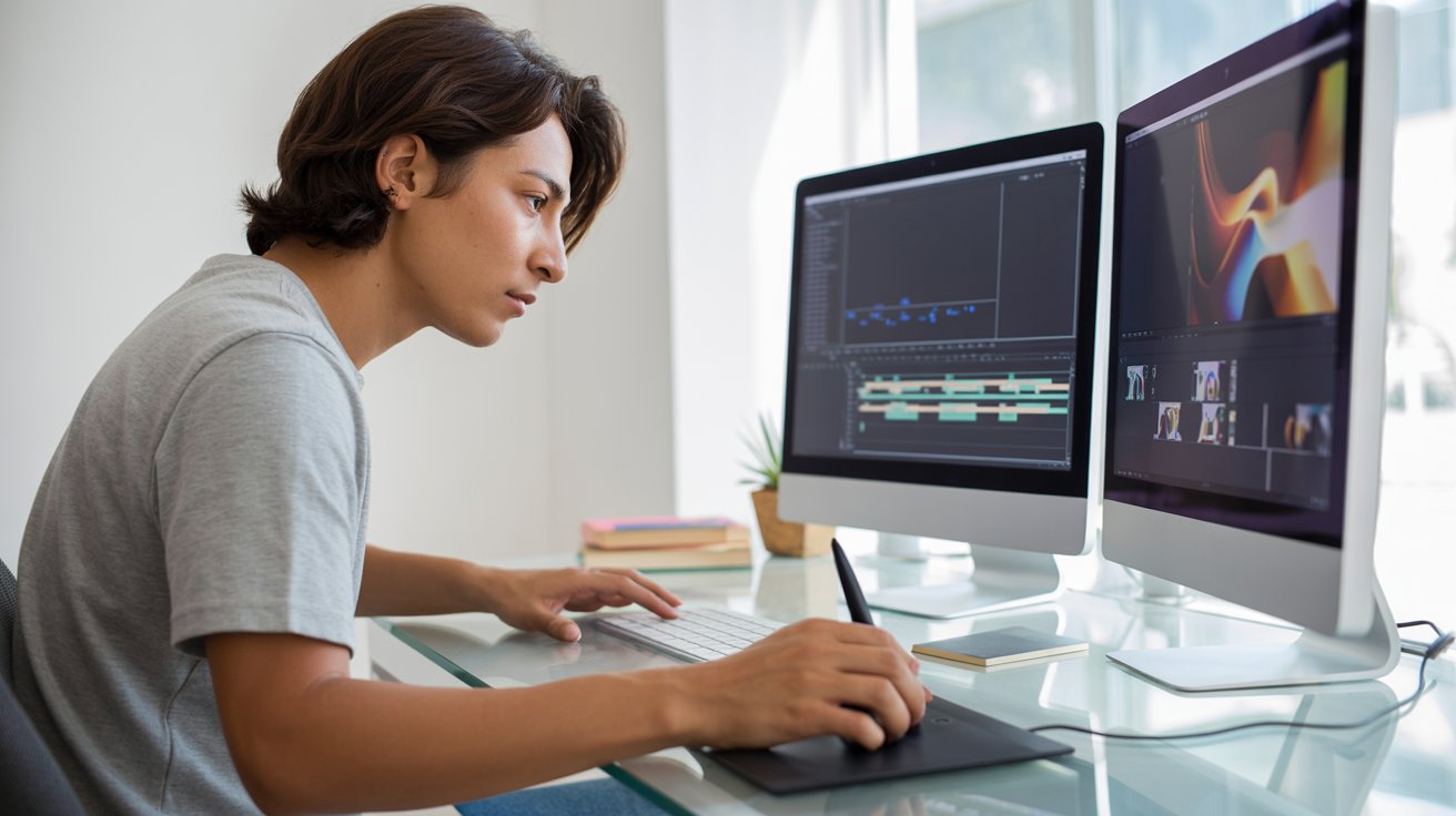 Persona trabajando en animación 2D con After Effects en estación de trabajo digital con doble monitor