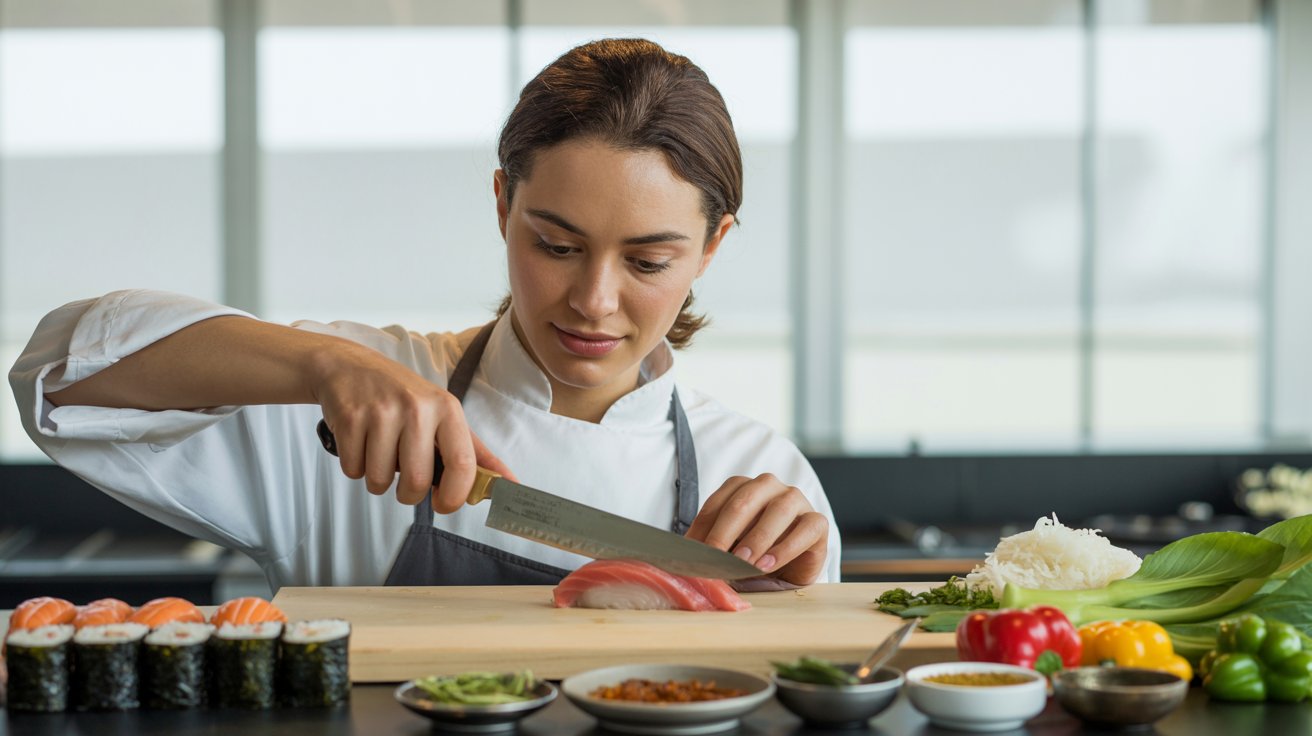 Estudiante de cocina preparando sushi con técnicas de cocina Tailandia-Japón en cocina profesional