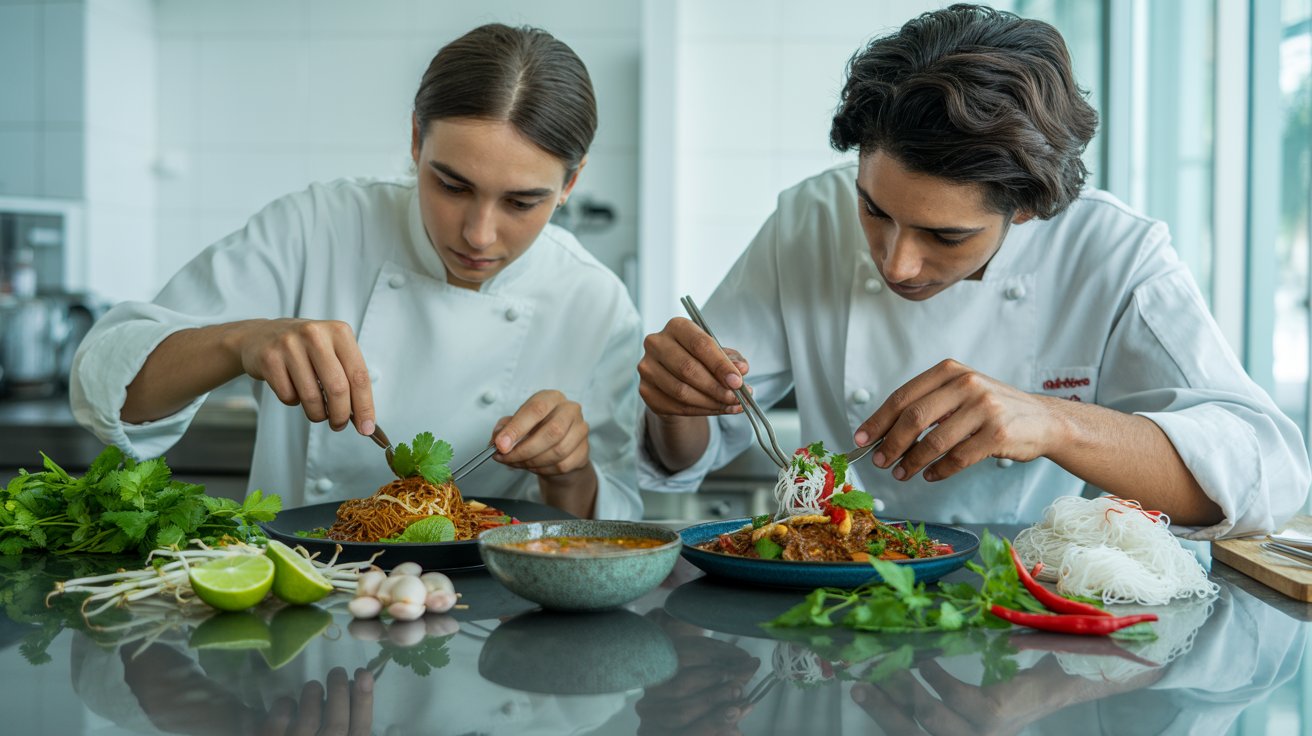 Dos chefs profesionales emplatando con pinzas fideos y vegetales frescos, representando un curso de cocina asiática de Indonesia y Vietnam.