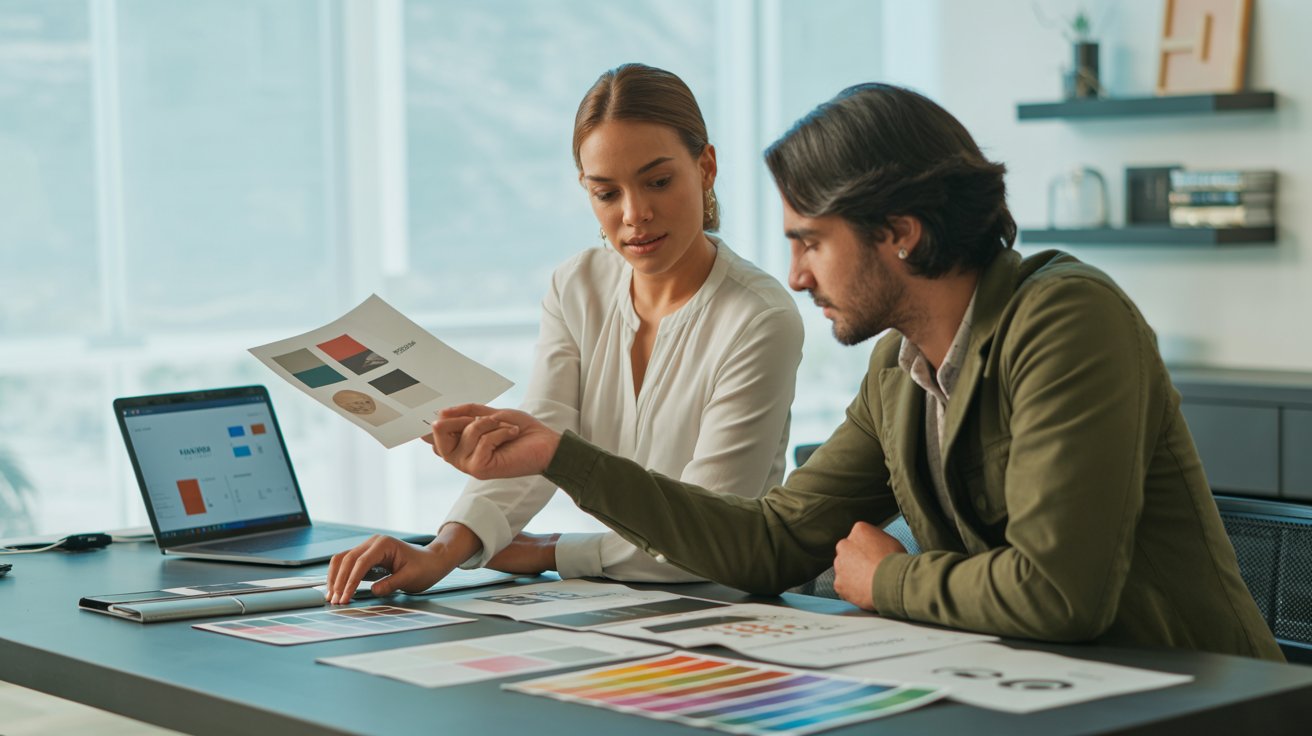 Profesionales analizando identidad visual y estrategias de Comunicación y marca con paletas de colores y material de branding en oficina