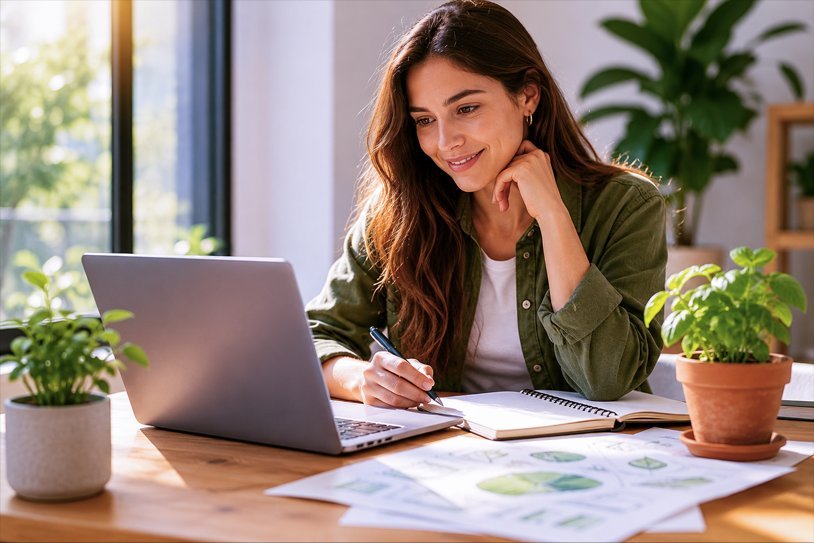 Mujer trabajando en emprendimiento sostenible con herramientas digitales y plantas en espacio de trabajo moderno.