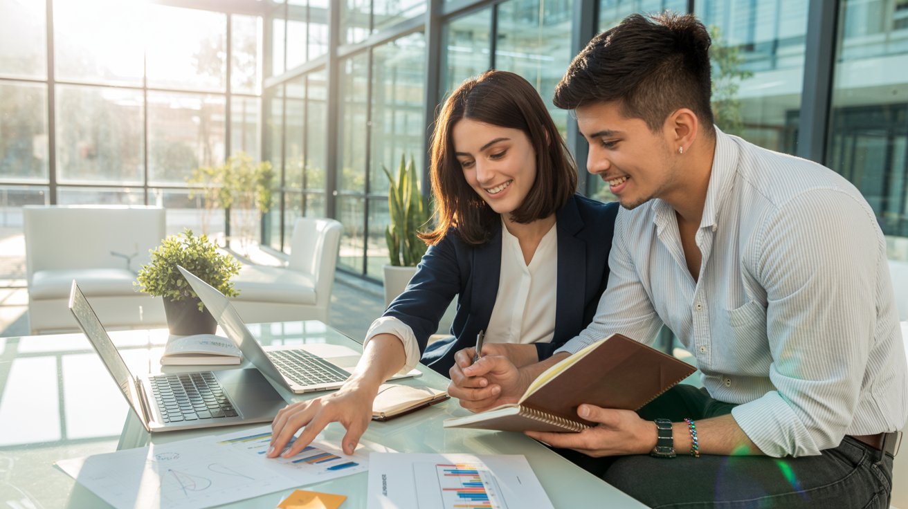 Emprendedores chilenos revisando gráficos y estrategias de negocio para fortalecer la gestión, comunicación y toma de decisiones.