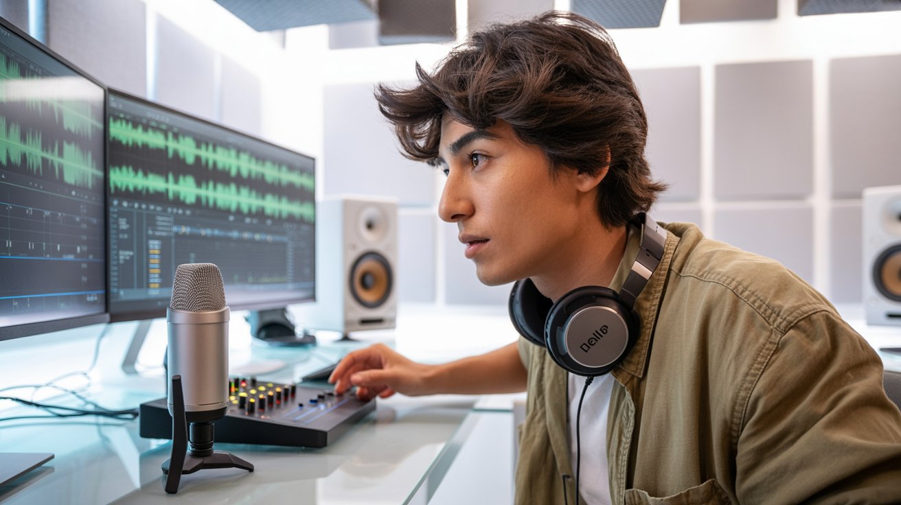 Joven editor trabajando en edición de audio en computador con software de mezcla, micrófono y audífonos en un estudio de producción sonora.