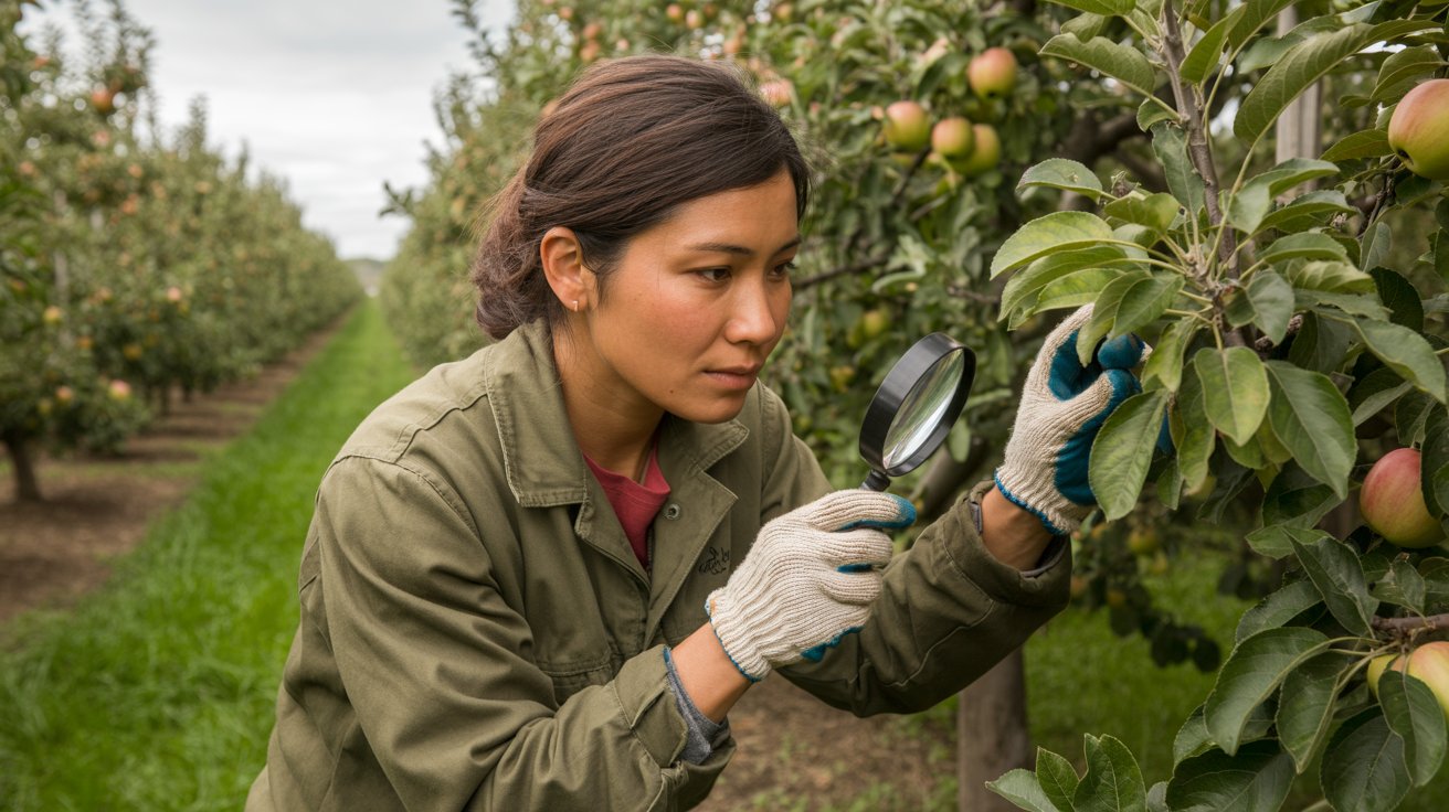 Inspección de plagas en huertos frutales mediante observación directa de hojas y frutos en cultivo agrícola.