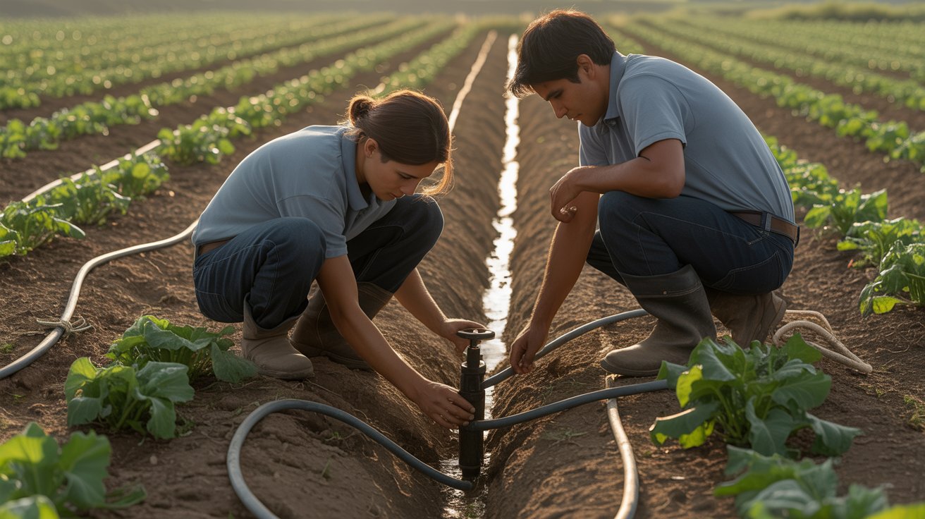 Trabajadores agrícolas instalando sistema de riego y drenaje en cultivo, controlando flujo de agua en terreno.