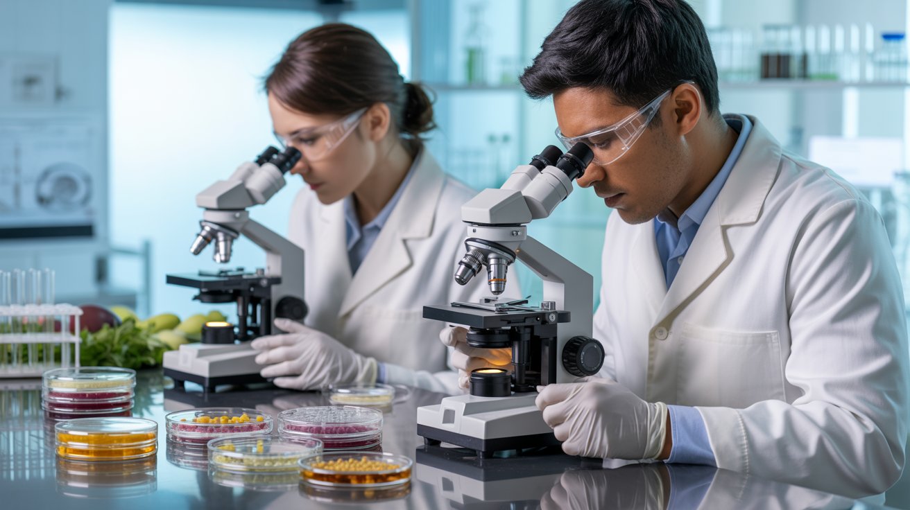 Profesionales analizando muestras de alimentos con microscopio en laboratorio de microbiología aplicada a alimentos.