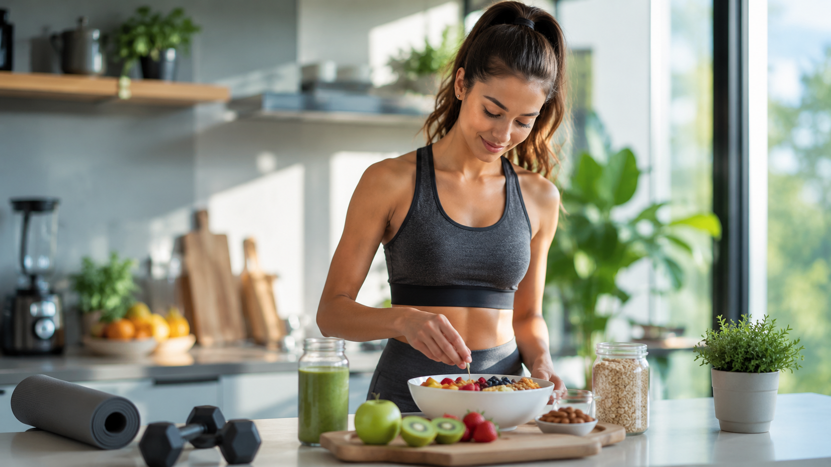 Mujer preparando un desayuno saludable después del entrenamiento, promoviendo una adecuada nutrición para el fitness y el bienestar.
