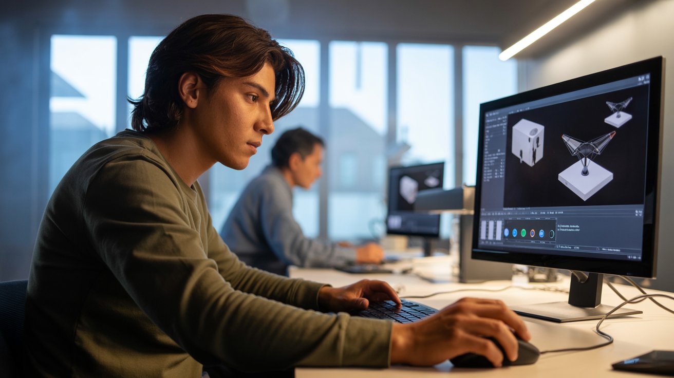 Estudiante trabajando en animación 3D con modelado, iluminación y texturización en software profesional