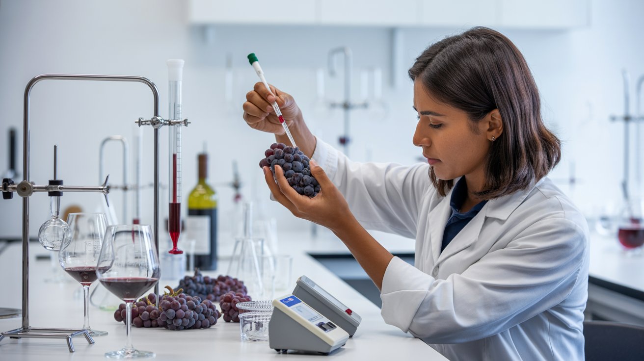 Análisis de bayas y vinos en laboratorio con medición de parámetros físico-químicos en uvas y vino