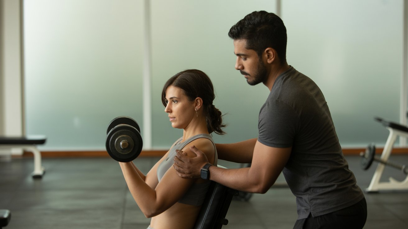 Entrenador guiando ejercicio de tonificación muscular con mancuernas en gimnasio, enfocándose en técnica y control del movimiento.