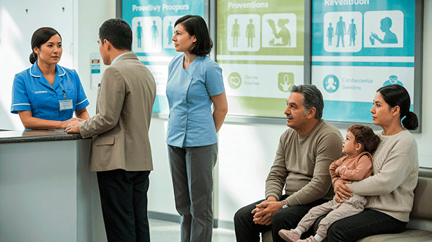 Atención primaria en salud en Chile con TENS atendiendo a pacientes en un CESFAM, mostrando programas de salud por ciclo vital y enfoque familiar y comunitario.