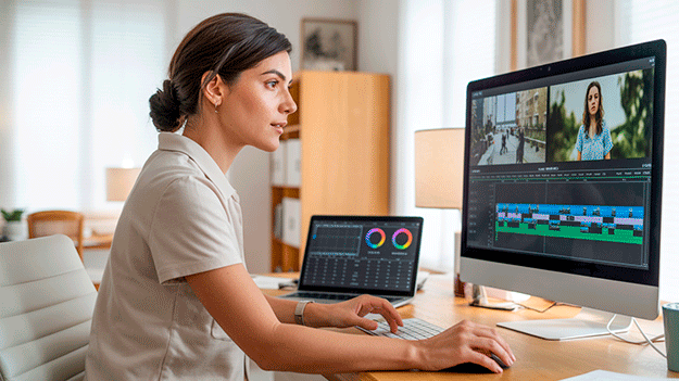 Estudiante chilena realizando edición de video profesional con herramientas de montaje y corrección de color.