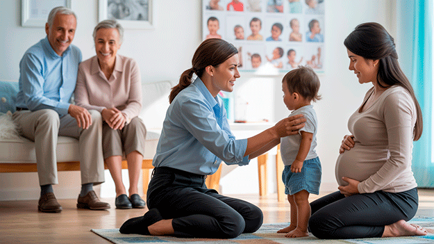 Especialista en Etapas del Desarrollo Humano realizando evaluación de hitos del crecimiento a un niño y una mujer embarazada en Chile.