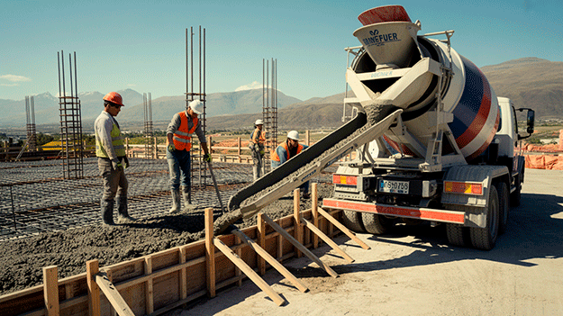 Proceso de hormigonado en obra con trabajadores utilizando camión mixer y herramientas de construcción