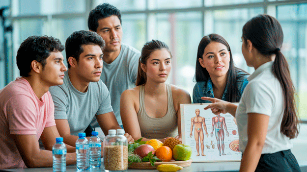 Curso de nutrición aplicada al fitness y bienestar con personas adultas en gimnasio aprendiendo sobre alimentación saludable.