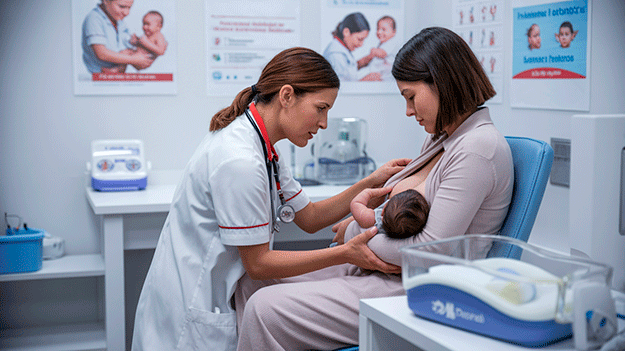 Profesionales de la salud en centro chileno brindando atención a mujer embarazada y recién nacido, con enfoque humanizado.
