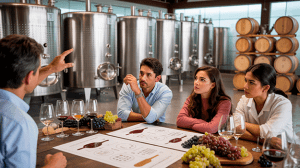 Producción de vino en bodega chilena, con estudiantes observando el proceso de vinificación de tintos y blancos junto a un instructor, tanques de acero, barricas y uvas frescas.