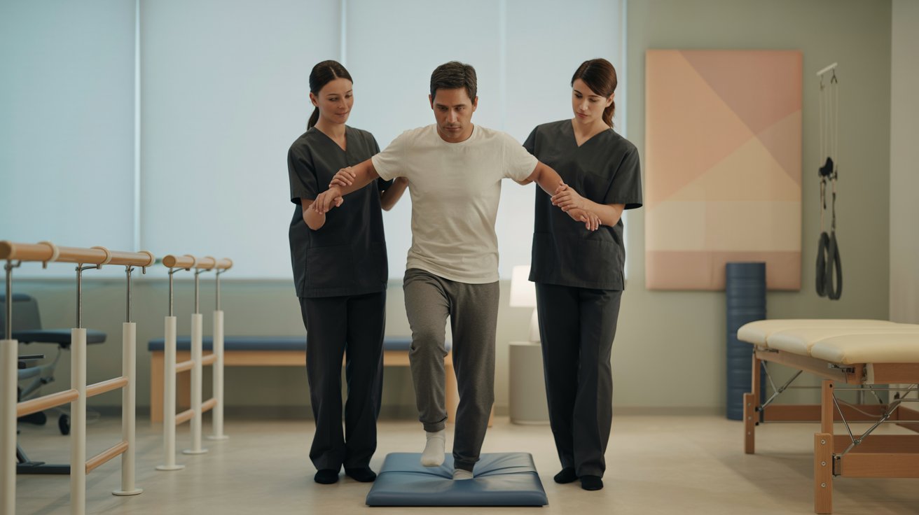 Sesión de neurorrehabilitación en adulto con trastorno neurológico central asistido por profesionales de salud durante terapia de recuperación motora en centro de rehabilitación.