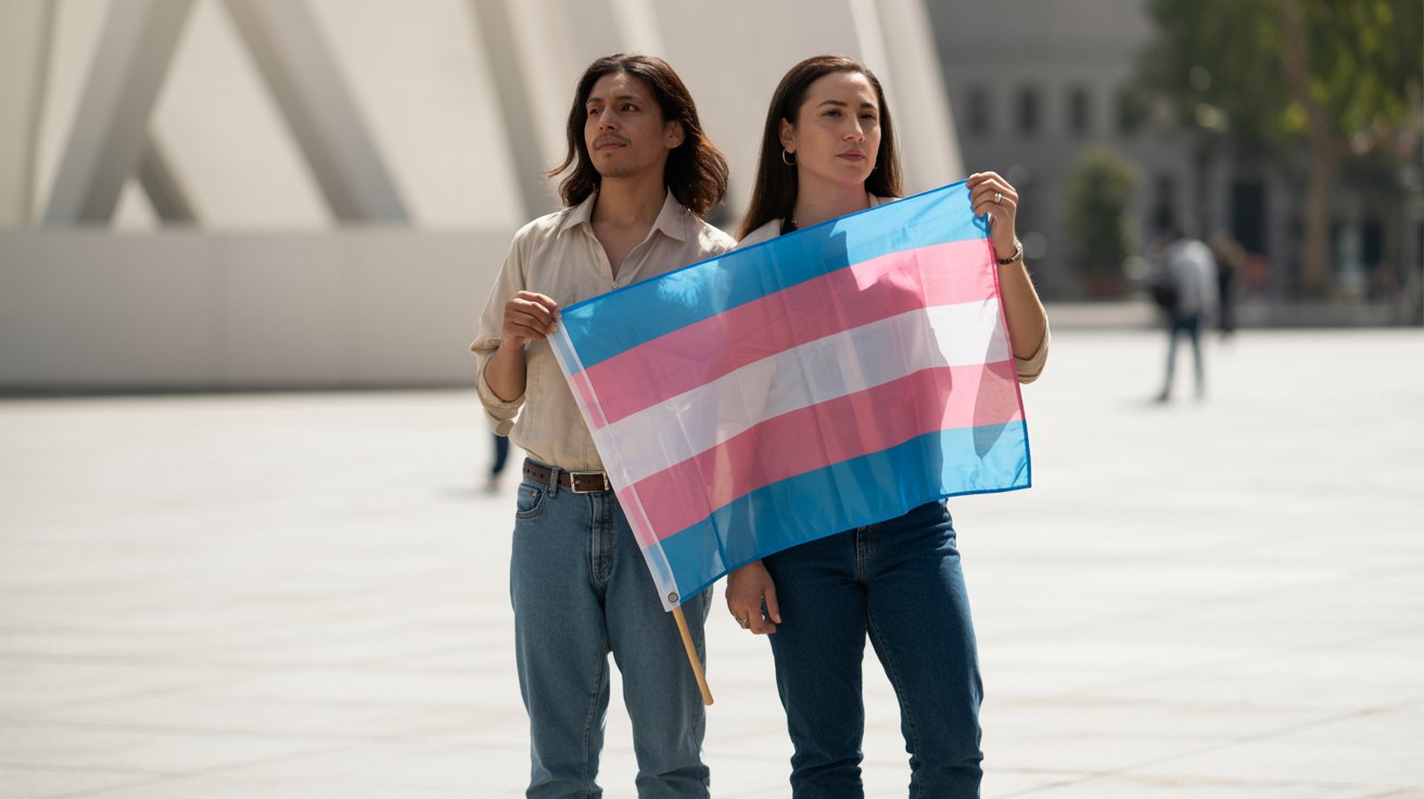 Personas transgénero con bandera trans en espacio público representando diversidad de género e inclusión en Chile