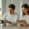 Personas midiendo el consumo eléctrico con medidor digital y tablet para mejorar la eficiencia energética en el hogar con apoyo de energía solar.