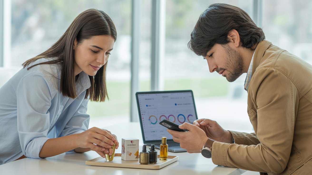 Profesionales creando contenido de marketing en Instagram para promocionar productos y gestionar una tienda digital desde el celular y computador.