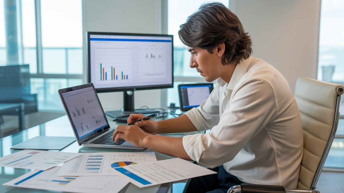 Profesional analizando datos y gráficos de gasto energético en computador para definir línea base y mejorar la eficiencia energética.