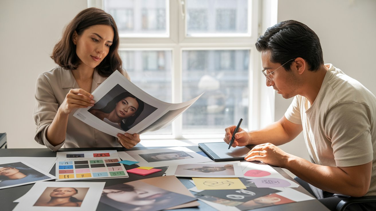 Profesionales de marketing y diseño analizando imágenes publicitarias y creando un mensaje publicitario creativo con recursos visuales y figuras retóricas.