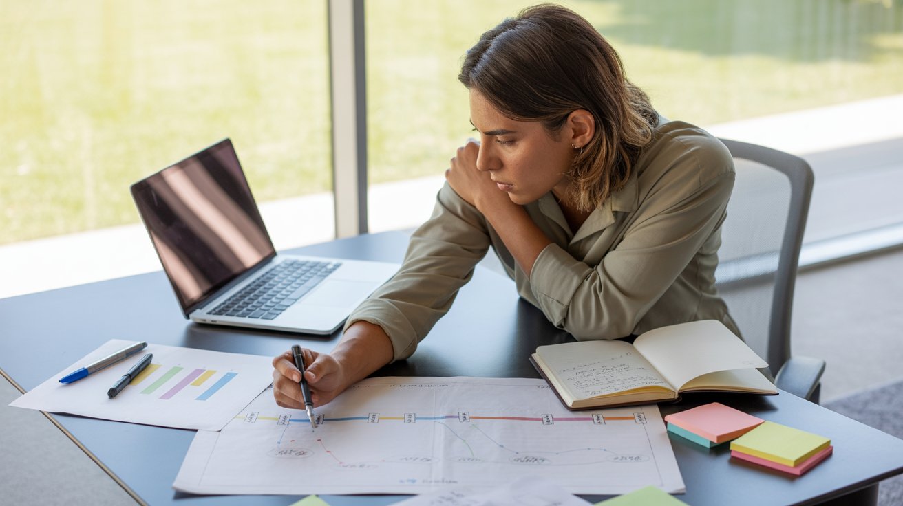 Profesional planificando la línea base de proyectos con gráficos de tiempo y costo en un escritorio con laptop, cuaderno y herramientas de gestión de proyectos.