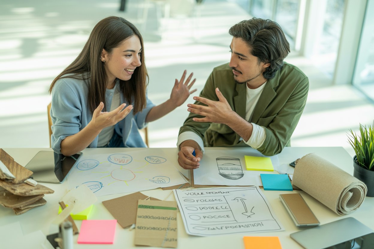 Profesionales desarrollando ideas de productos sostenibles con metodología design thinking, utilizando prototipos, bocetos y notas en un espacio de trabajo creativo.