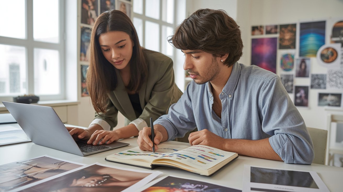 Profesionales planificando el diseño y gestión de un proyecto cultural con laptop y cuaderno en un espacio creativo.