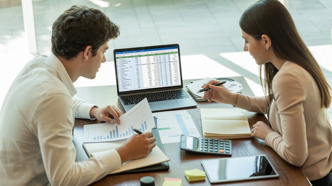 Dos profesionales, un hombre y una mujer, analizando una planilla de Excel en un computador portátil y gráficos impresos para la gestión del presupuesto de un proyecto en una oficina iluminada.