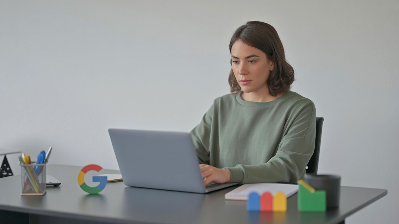 Profesional de marketing digital trabajando en laptop en un escritorio con logo de Google, representando el uso de Google Tag Manager para análisis y gestión de etiquetas web.