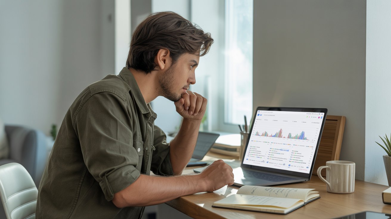 Profesional analizando datos de investigación de palabras clave SEO en un laptop utilizando herramientas de keywords research y marketing digital.