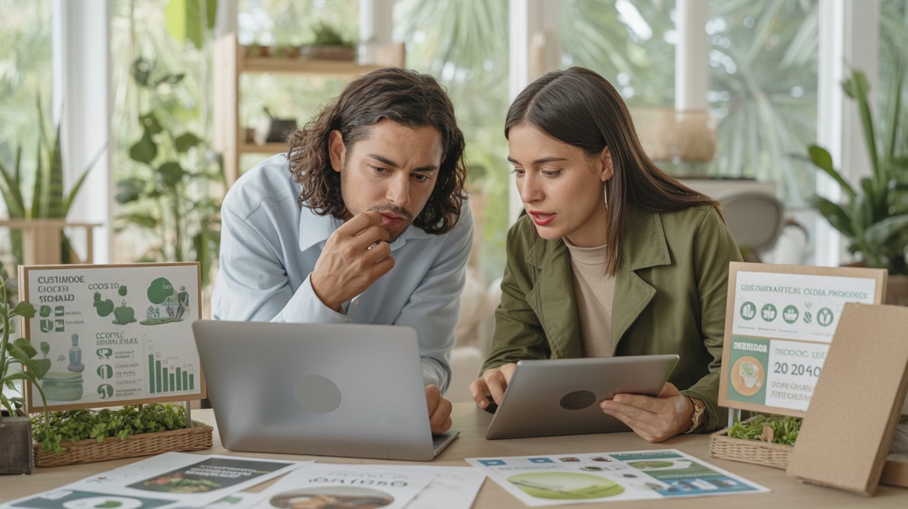 Marketing sostenible aplicado al marketing mix para consumidores ambientales, con profesionales analizando estrategias de mercado verde en entorno de trabajo.