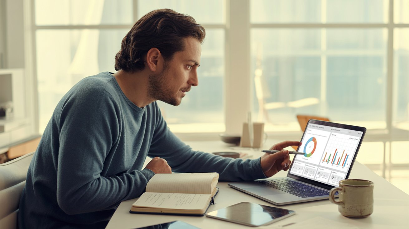 Profesional analizando indicadores de gestión para evaluar resultados de una estrategia comunicacional en computador portátil.