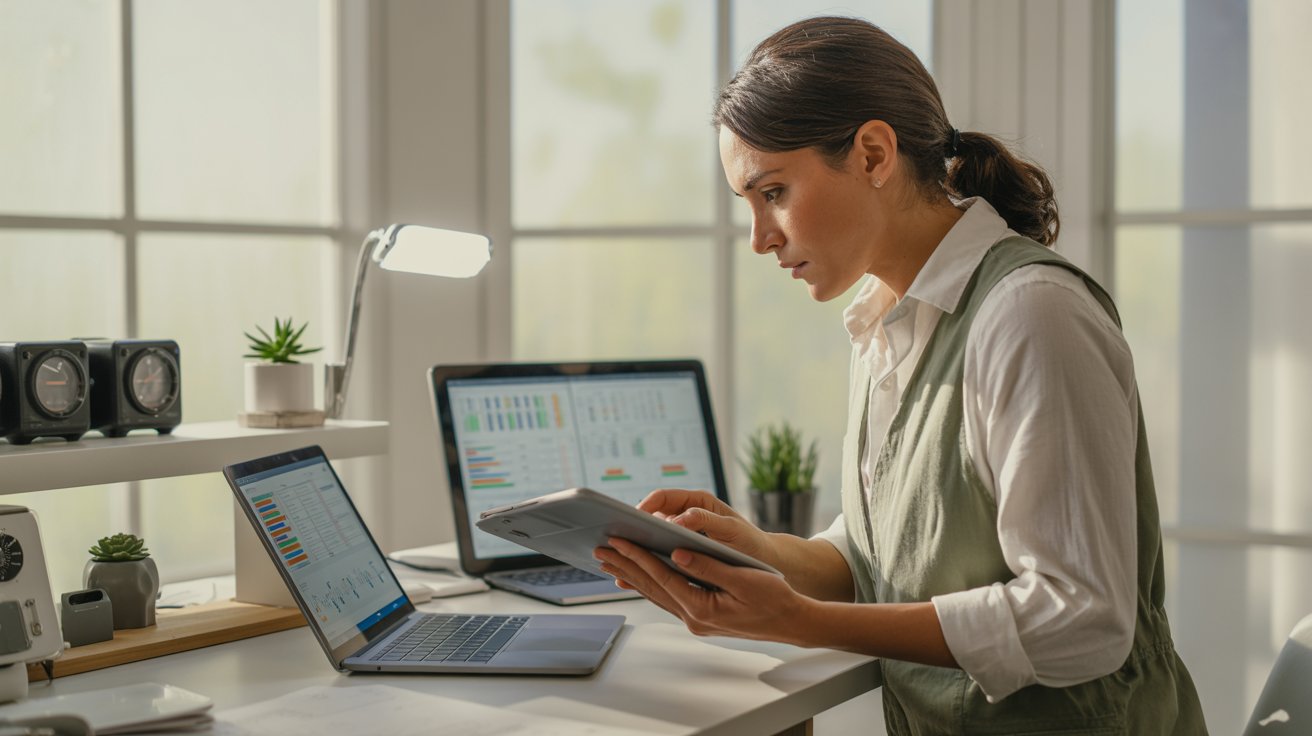 Gestión energética: profesional analizando indicadores de consumo y eficiencia energética en laptop y tablet para planificación de sistemas de gestión energética.