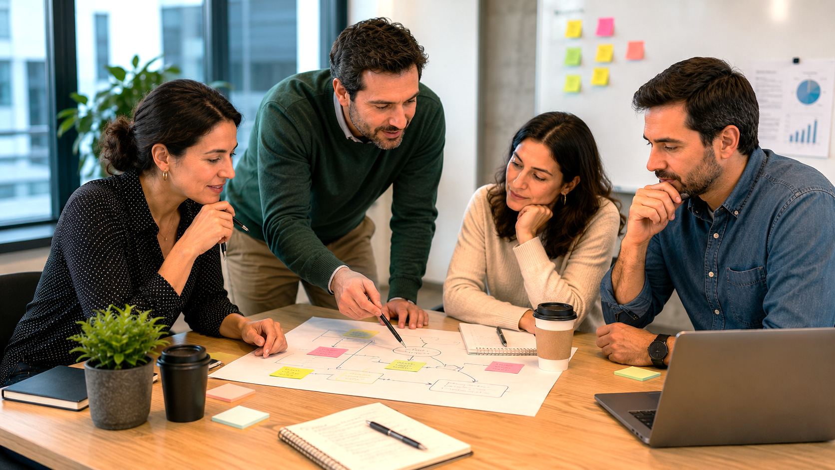 Profesionales chilenos analizando información y evaluando alternativas en una reunión de trabajo para la toma de decisiones estratégicas en entornos organizacionales.