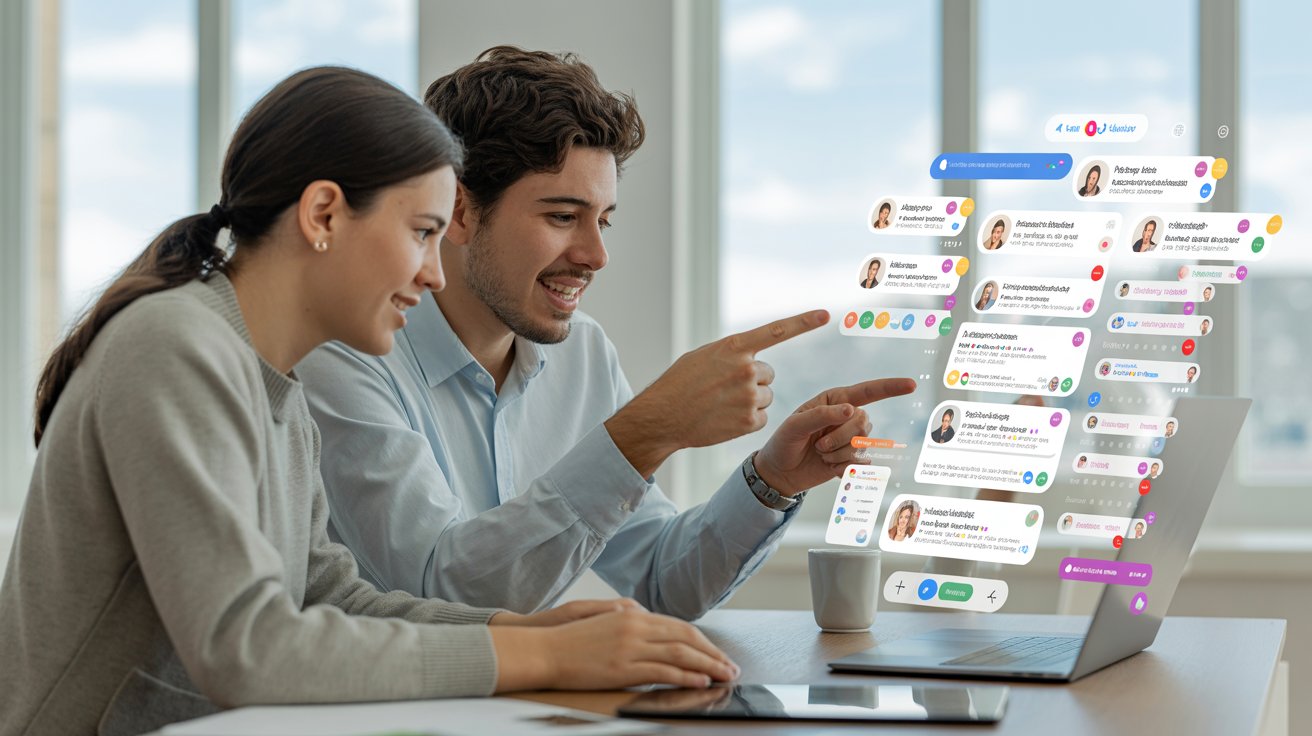 Personas gestionando comunidades virtuales en un computador, interactuando con comentarios, perfiles y mensajes de una comunidad online.