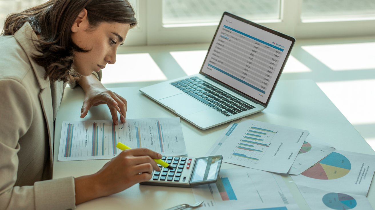 Profesional analizando estados financieros con gráficos y calculadora para realizar análisis vertical y horizontal en finanzas empresariales.