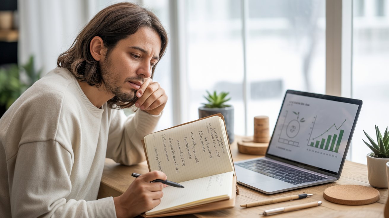 Emprendedor sostenible analizando ideas de negocio y gráficos de crecimiento en laptop mientras planifica un emprendimiento con enfoque ambiental.