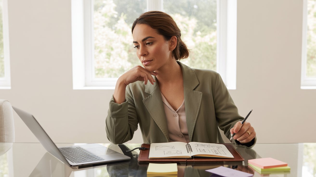 Propuesta de valor: emprendedora analizando idea de negocio y diseñando propuesta estratégica en cuaderno junto a laptop en espacio de trabajo.