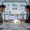 Profesionales analizando gráficos financieros y datos del entorno empresarial en una oficina moderna para realizar un análisis PESTEL y planificación estratégica.
