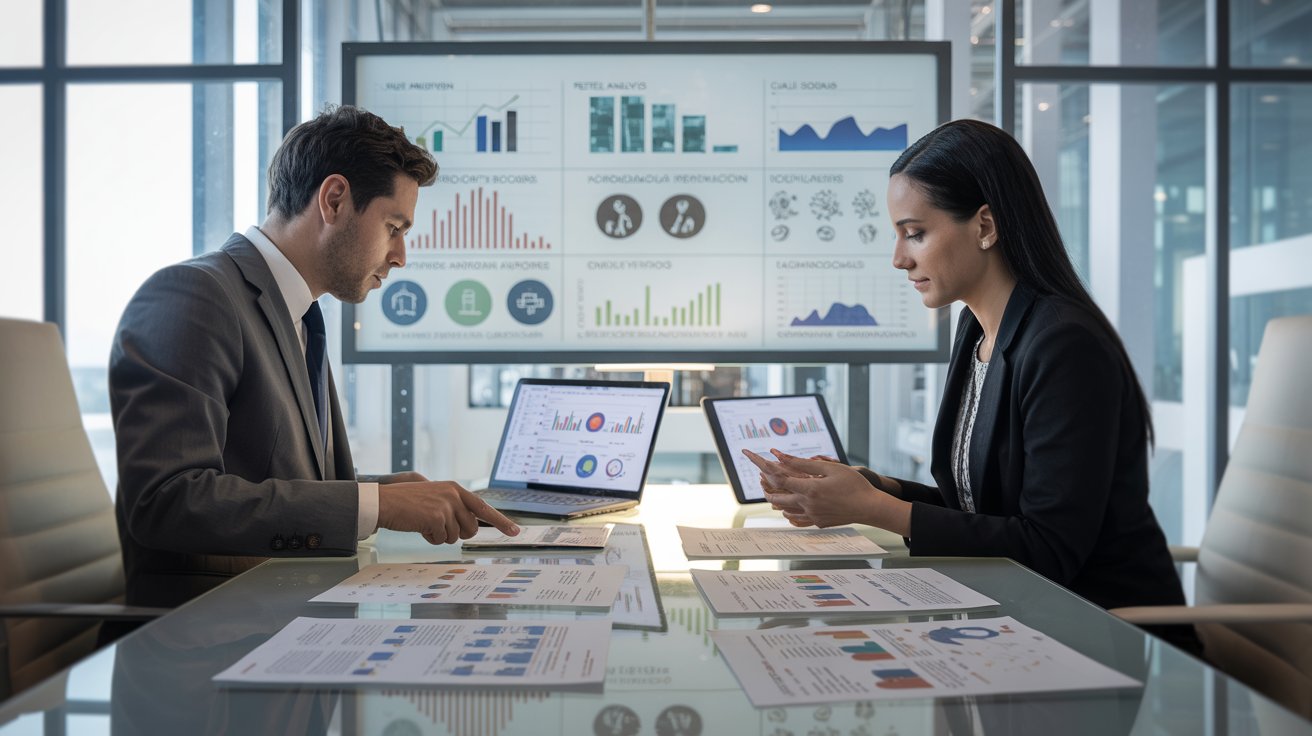 Profesionales analizando gráficos financieros y datos del entorno empresarial en una oficina moderna para realizar un análisis PESTEL y planificación estratégica.