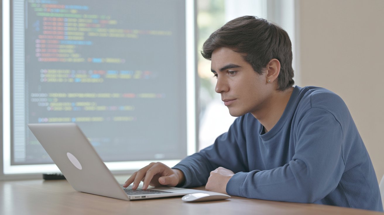 Programación orientada a objetos en desarrollo web: estudiante programando una aplicación básica en laptop.