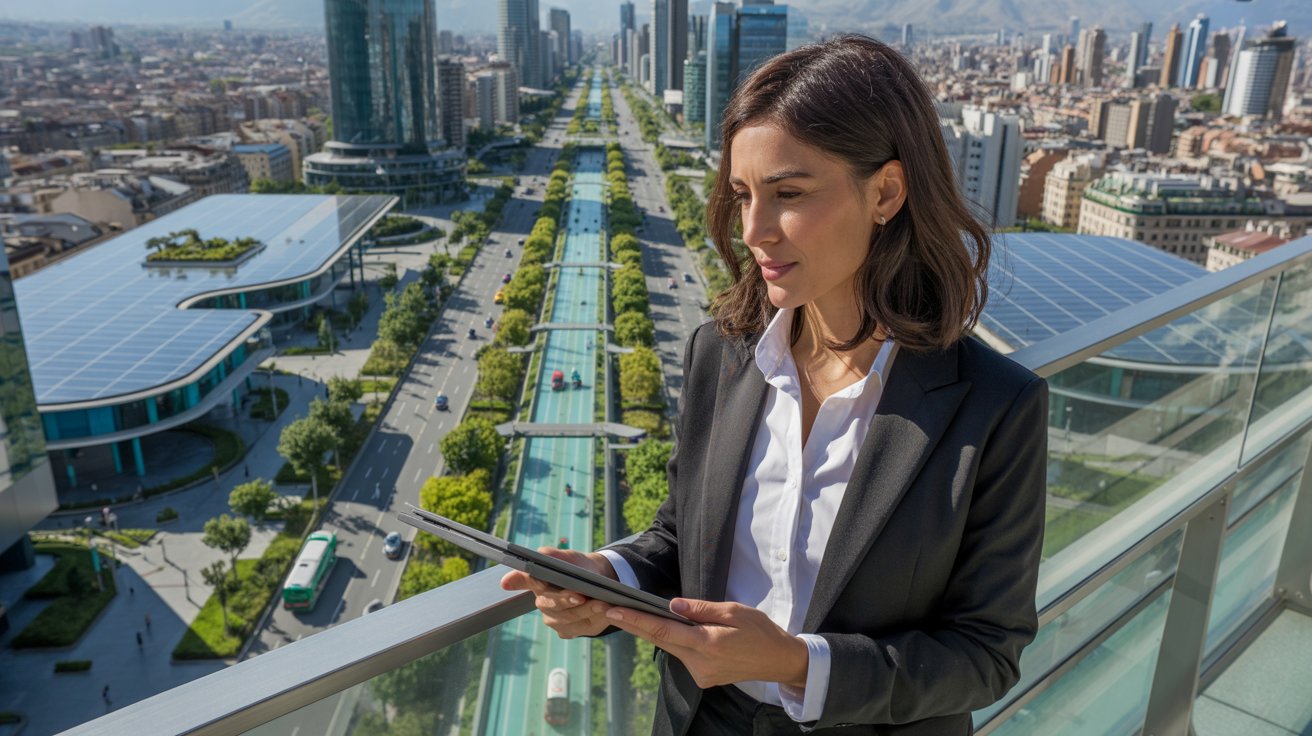 Profesional analizando datos urbanos con tablet en ciudad moderna, representando tecnologías aplicadas a ciudades inteligentes y sostenibles.