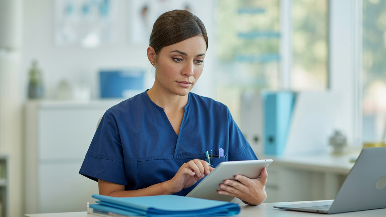 Enfermera revisando documentos administrativos en hospital, gestión de recursos humanos para la salud.