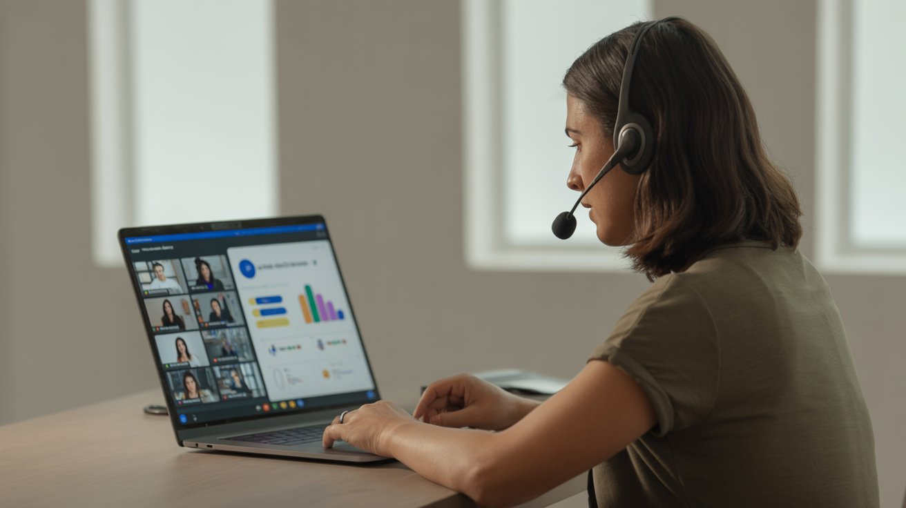 Docente realizando docencia online en videoconferencia con uso de TIC y plataforma virtual interactiva