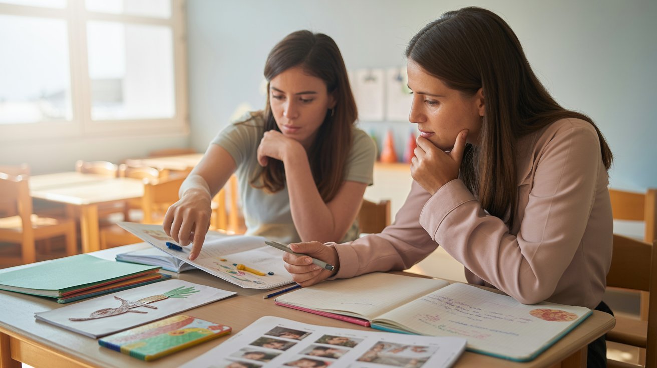 Educadoras analizando documentación pedagógica en educación parvularia con evidencias de aprendizaje infantil en aula.