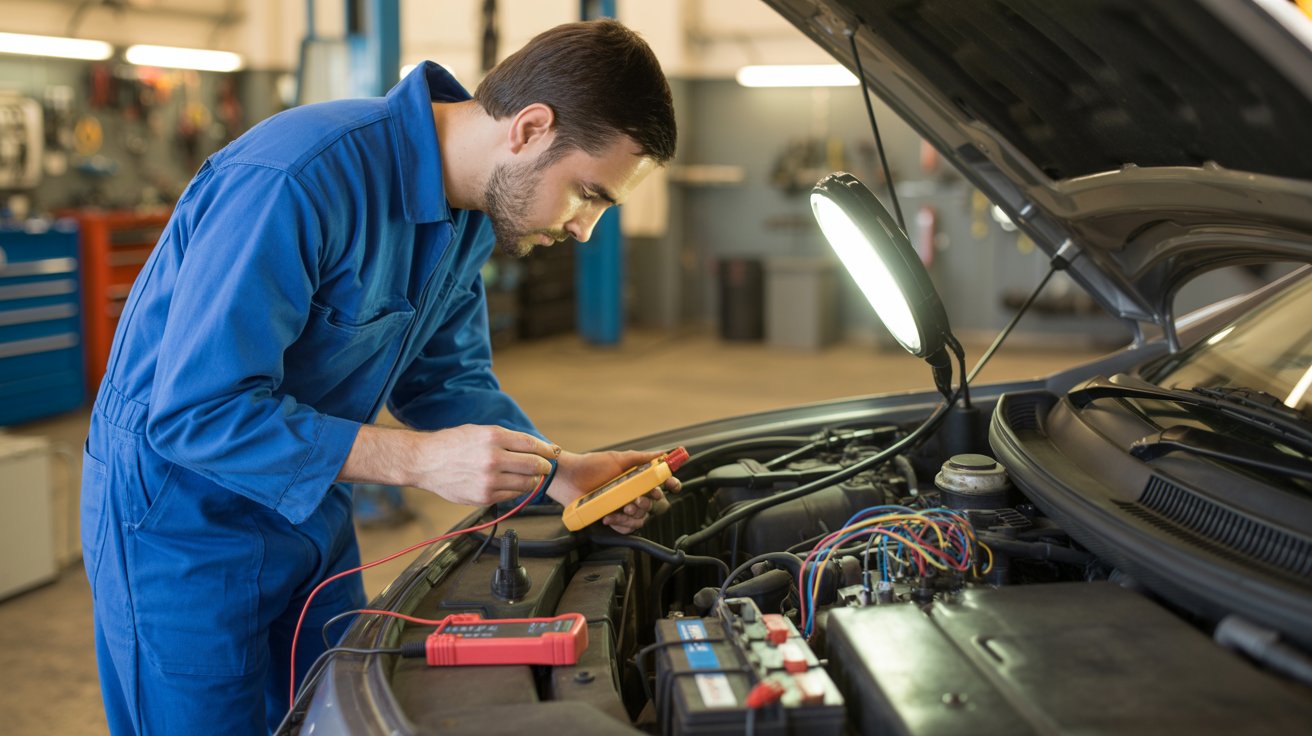 Técnico realizando diagnóstico en sistema de electricidad automotriz con multímetro en motor de vehículo