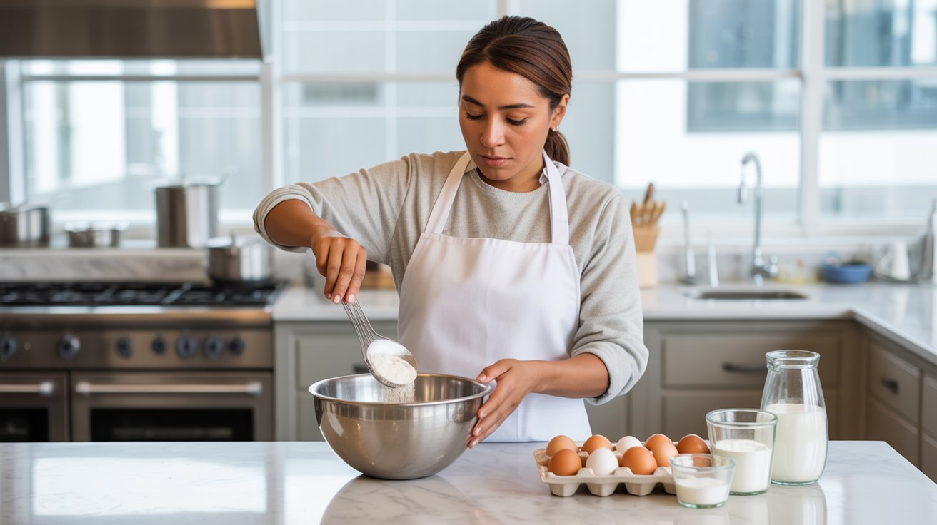 Pastelera integrando ingredientes con precisión para el curso de Fundamentos de Pastelería Específica.